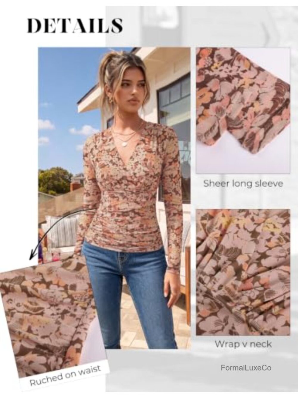Boho Mesh Long Sleeve Wrap V Neck Floral Blouse with Ruched Waist - Picture 2 of 6